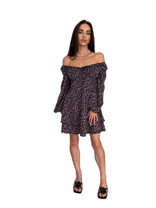 Black Floral Off Shoulder Tiered Dress Soft Fabric Ruffle Sleeve