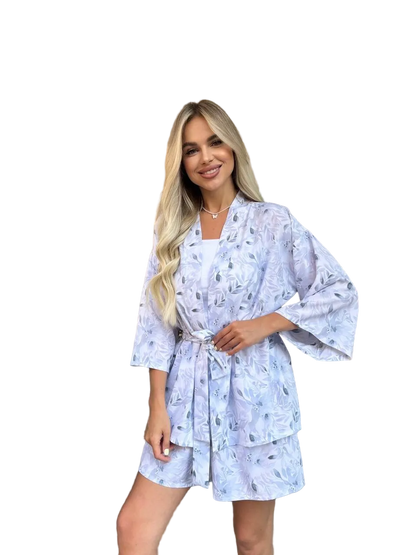 Women Two Piece Kimono Shorts Suit Light Lilac Floral Super Soft