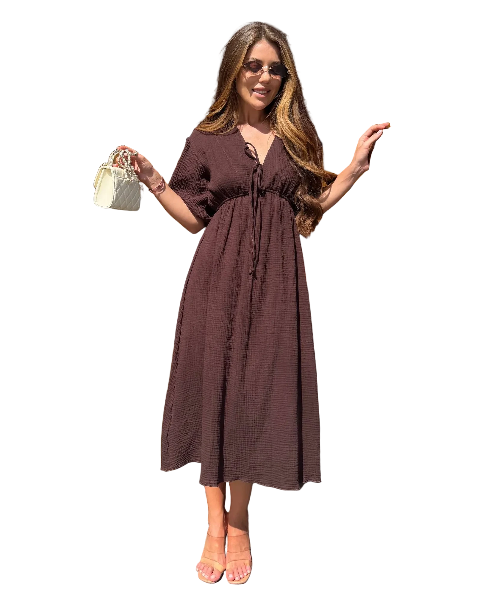 Brown Muslin Midi Dress Loose Fit V Neck Tie Waist Puff Sleeve Summer Dress