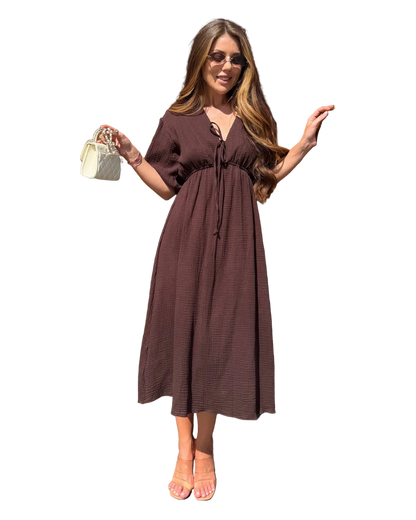 Brown Muslin Midi Dress Loose Fit V Neck Tie Waist Puff Sleeve Summer Dress