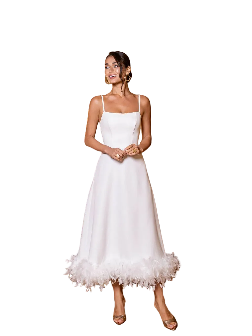 White Diagonal Crepe Midi Dress Feather Hem