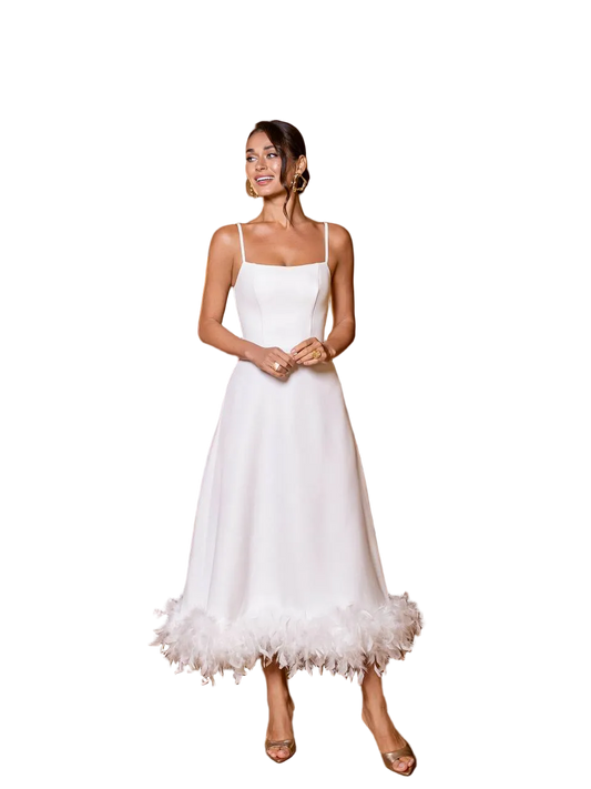 White Diagonal Crepe Midi Dress Feather Hem