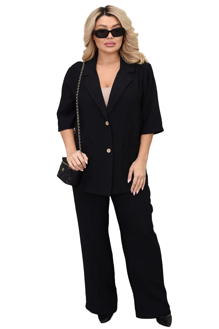 Plus Size Black Linen Suit Women Crinkled Linen Blazer And Wide Leg Trousers Set Spring Summer
