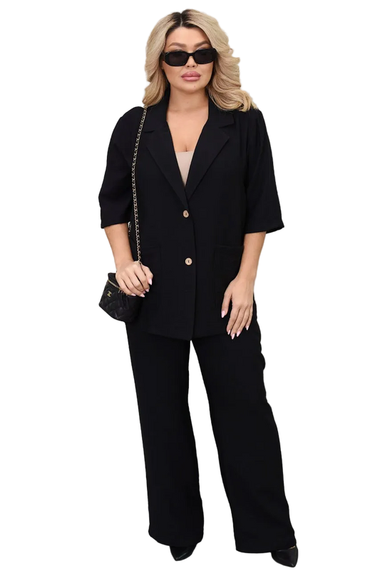 Plus Size Black Linen Suit Women Crinkled Linen Blazer And Wide Leg Trousers Set Spring Summer