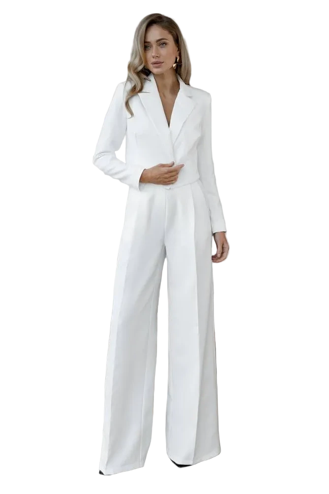 White Diagonal Crepe Palazzo Pants Suit Crop Jacket Premium Lining