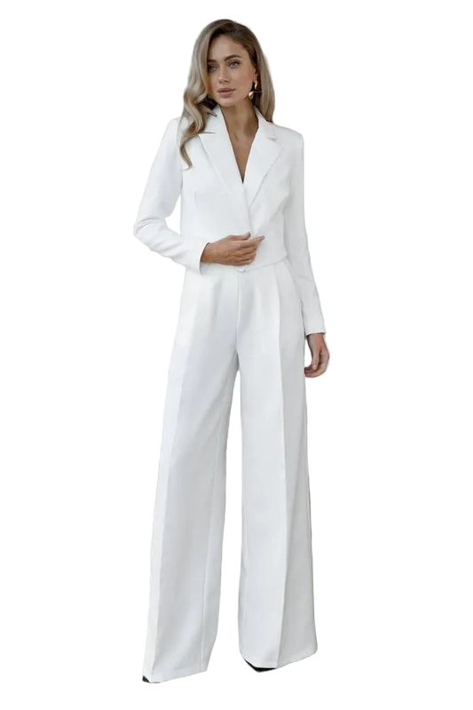 White Diagonal Crepe Palazzo Pants Suit Crop Jacket Premium Lining
