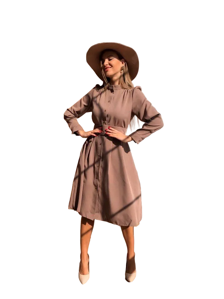 Belted Button Front Midi Dress with Pockets and Gathered Front