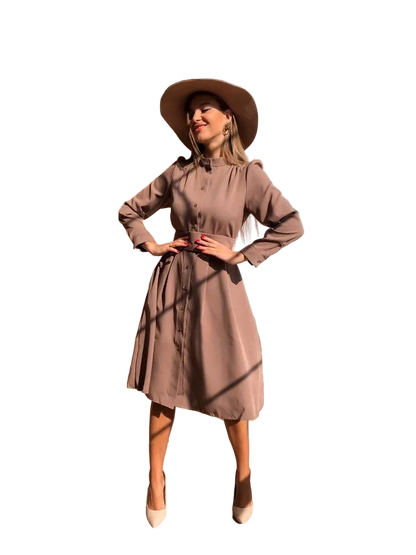 Belted Button Front Midi Dress with Pockets and Gathered Front