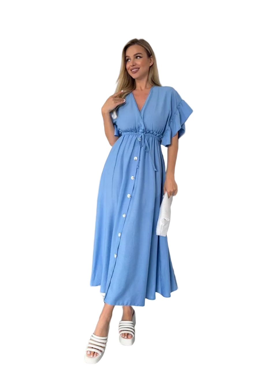 Blue Linen Boho Dress with Pockets Button Front Adjustable Waist