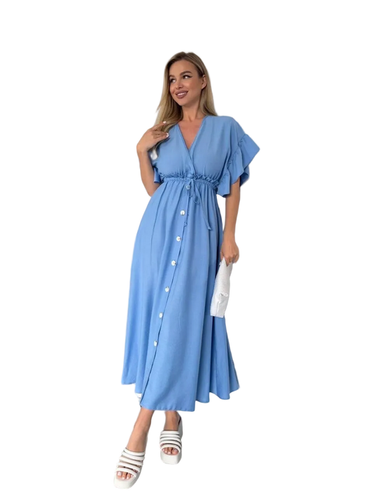 Blue Linen Boho Dress with Pockets Button Front Adjustable Waist