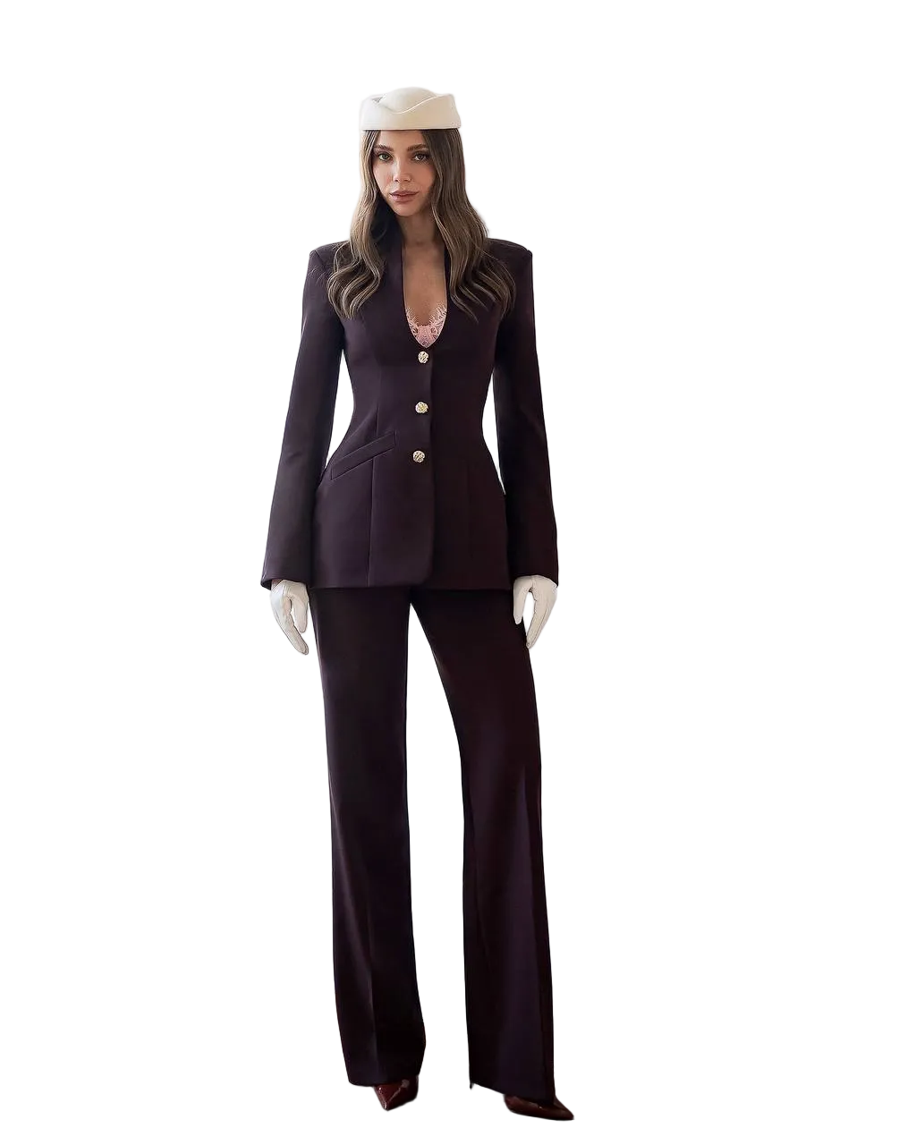 Womens Tailored Burgundy Suit Crepe Diagonal Blazer Trousers
