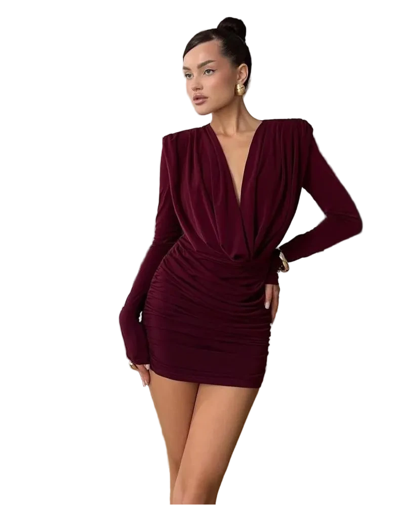 Burgundy Ruched Deep V Long Sleeve Mini Bodycon Evening Party Dress