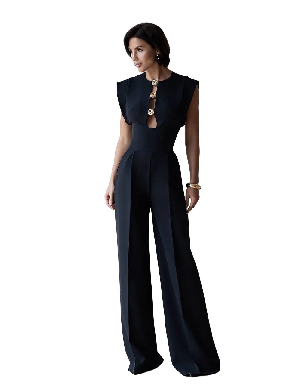 Womens Tailored Wide Leg Jumpsuit with Keyhole Neckline