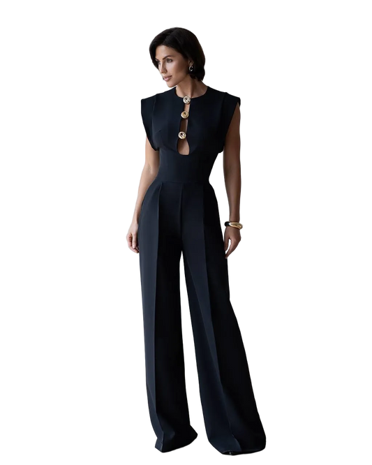 Womens Tailored Wide Leg Jumpsuit with Keyhole Neckline