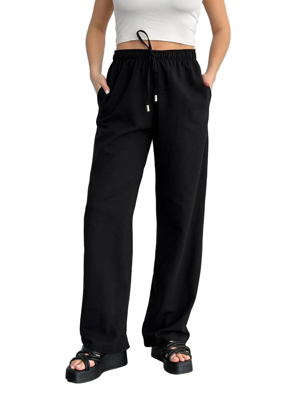 Black Linen Wide Leg Trousers Women Loose Fit Summer Pants