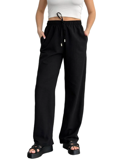 Black Linen Wide Leg Trousers Women Loose Fit Summer Pants