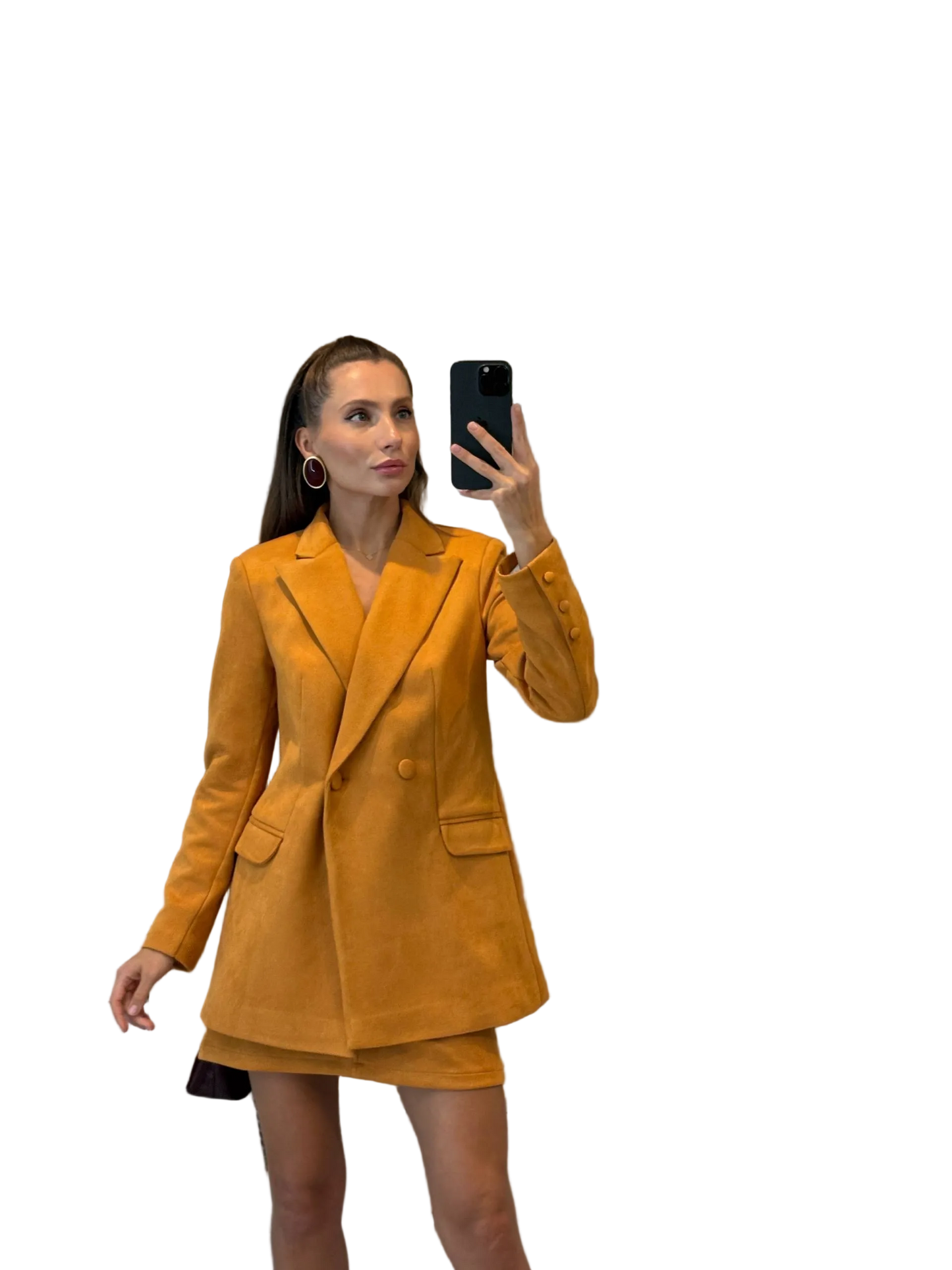 Womens Suede Suit Set Skirt and Lined Blazer Double Breasted Tailored Office Set