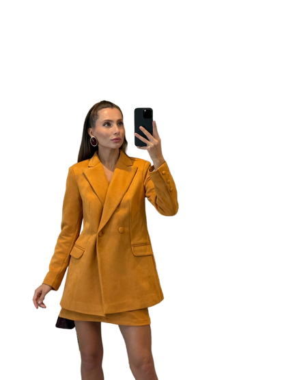 Womens Suede Suit Set Skirt and Lined Blazer Double Breasted Tailored Office Set