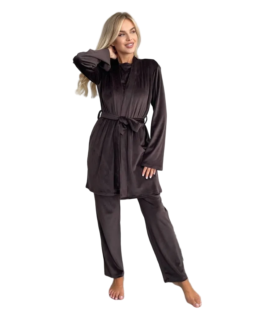 Women Pajamas Three Piece Set Chocolate Brown Soft Stretch Loungewear