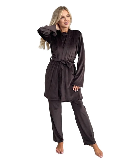 Women Pajamas Three Piece Set Chocolate Brown Soft Stretch Loungewear