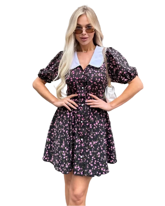 Black Floral Summer Dress Women Puff Sleeve Button Front White Collar Super Soft