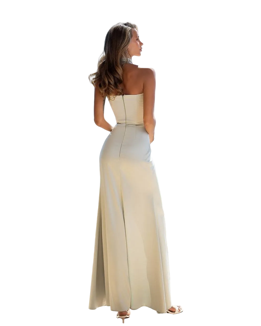 Champagne Mango Satin Strapless Halter Evening Gown