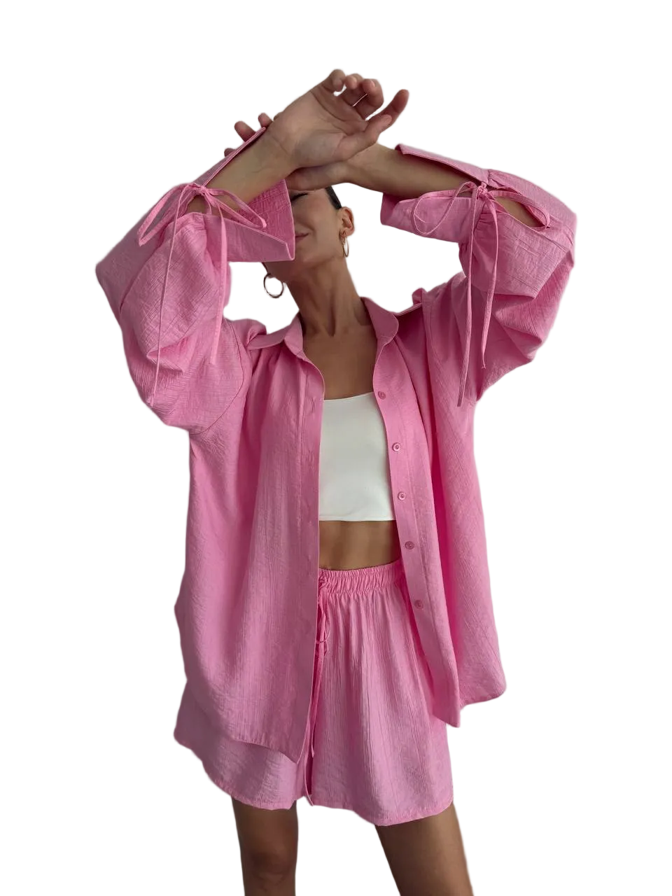 Pink Cotton Crinkle Two Piece Set Women Loose Shirt Tie Sleeves Elastic Waist Shorts