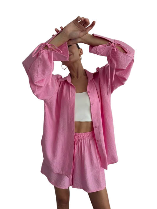 Pink Cotton Crinkle Two Piece Set Women Loose Shirt Tie Sleeves Elastic Waist Shorts