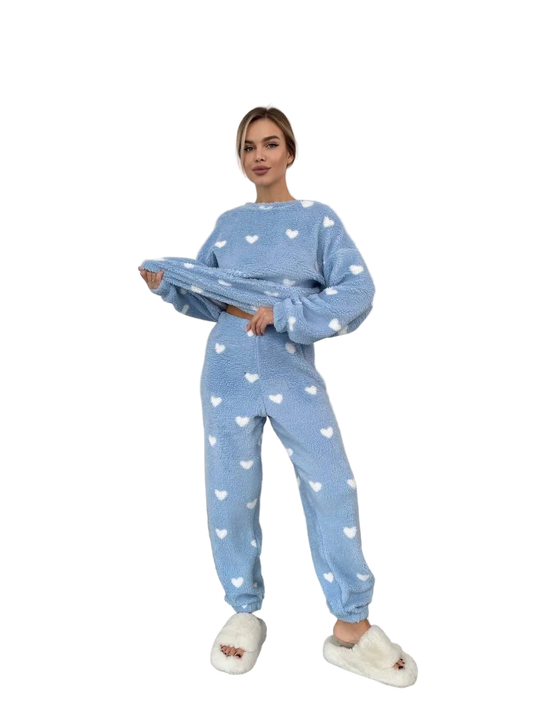 Women Plush Teddy Pajama Set Blue Heart Fuzzy Loungewear
