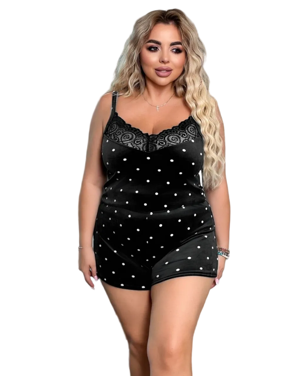 Black Polka Dot Lace Trim Pajama Set