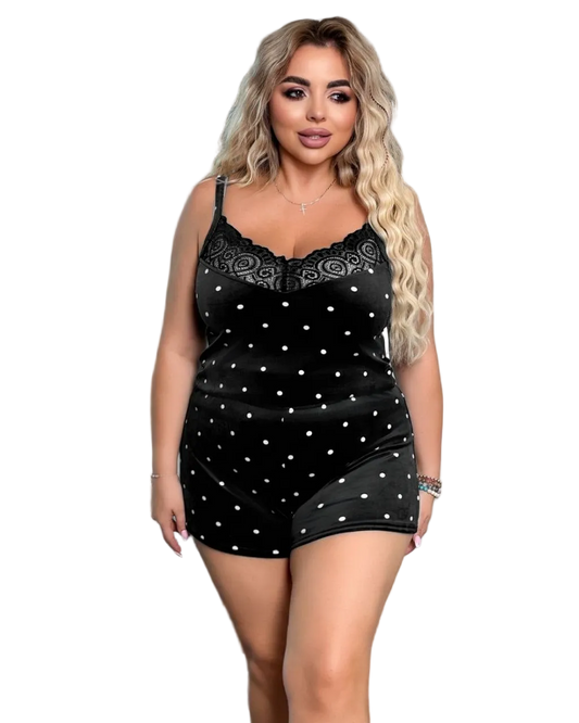 Black Polka Dot Lace Trim Pajama Set