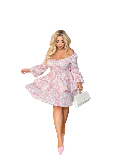 Pink Off Shoulder Ruffle Dress Womens Elastic Waist Bow Front Tiered Mini Dress