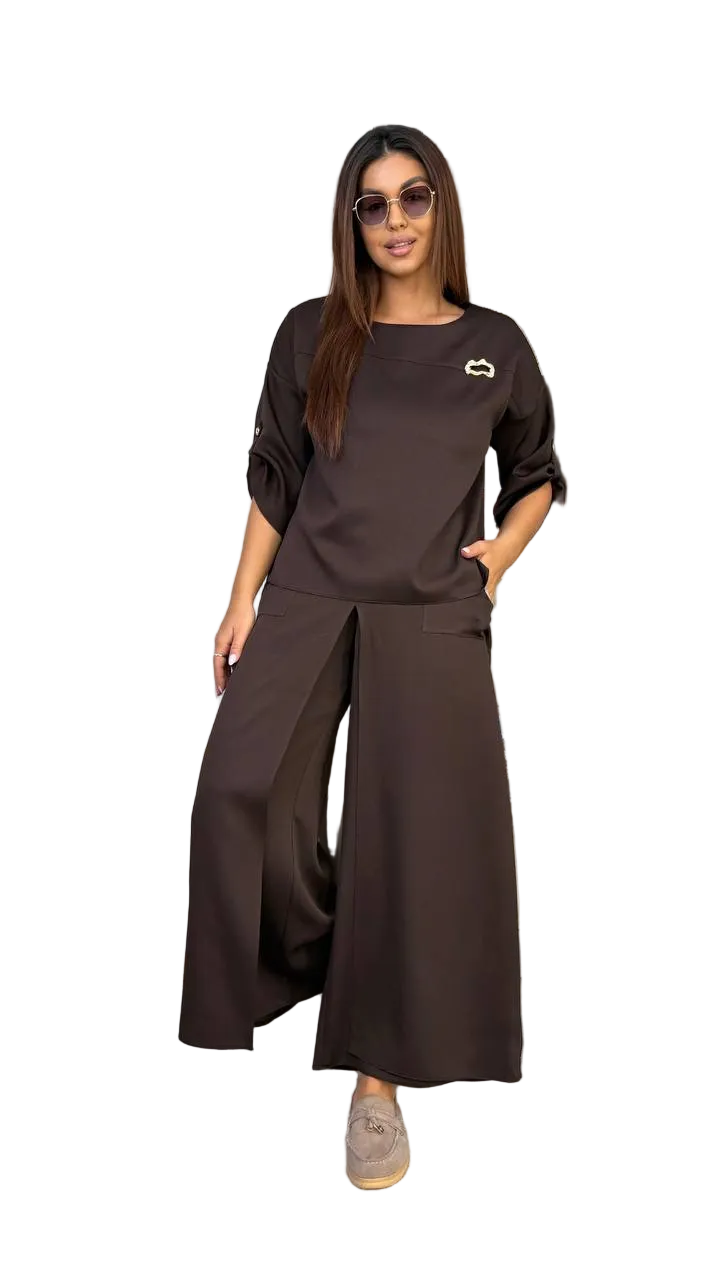 Womens Two Piece Set Chocolate Brown Blouson Top Skirt Pants Wide Leg High Waist