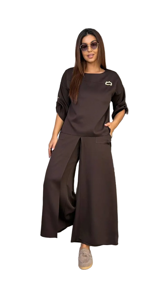 Womens Two Piece Set Chocolate Brown Blouson Top Skirt Pants Wide Leg High Waist