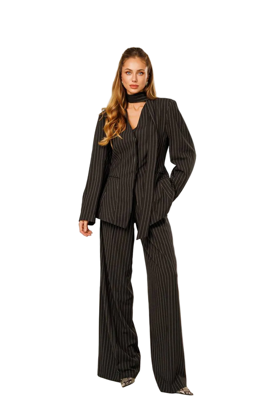 Black Pinstripe Womens Suit Tiar Premium Crepe Diagonal Blazer And Wide Leg Pants