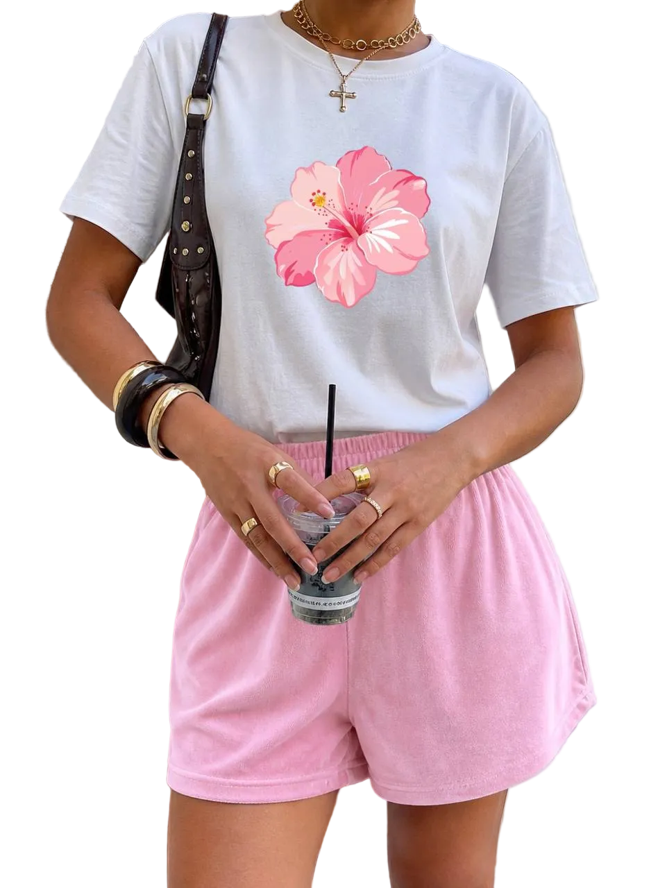 White Tee and Pink Velour Shorts Summer Set Women Cotton Tee Shorts Casual Loungewear