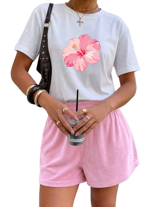 White Tee and Pink Velour Shorts Summer Set Women Cotton Tee Shorts Casual Loungewear