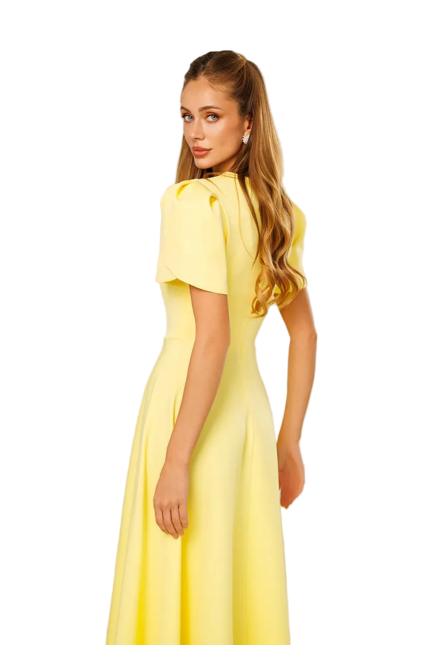 Elegant Womens Diagonal Crepe Dress Puff Sleeve Formal Midi Dress
