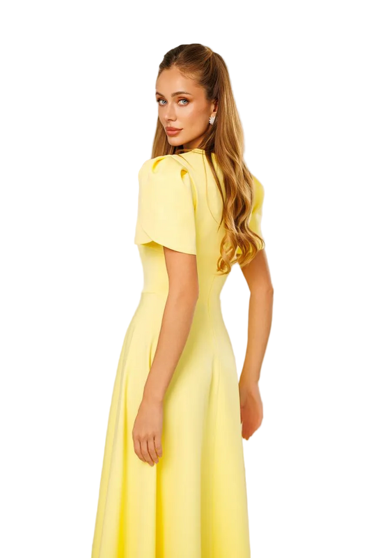 Elegant Womens Diagonal Crepe Dress Puff Sleeve Formal Midi Dress