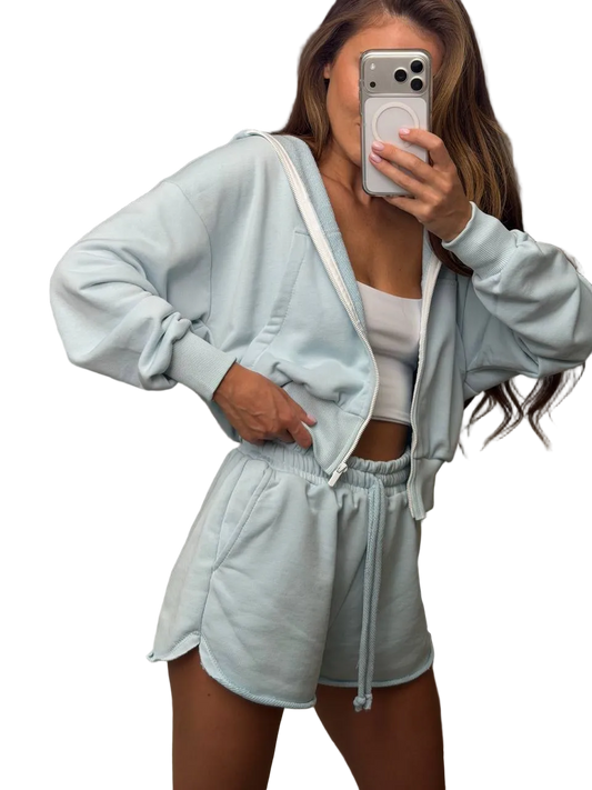 Womens Two Piece Loungewear Set Mint Cotton Zip Hoodie and Shorts
