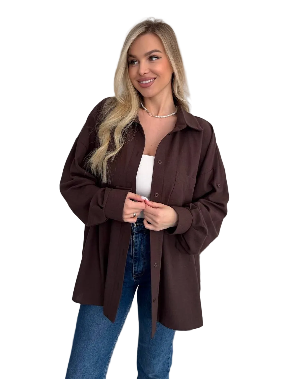 Linen Oversized Shirt for Women Brown Relaxed Fit Button Up Roll Tab Sleeves