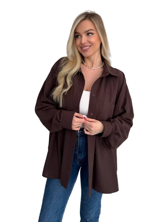 Linen Oversized Shirt for Women Brown Relaxed Fit Button Up Roll Tab Sleeves