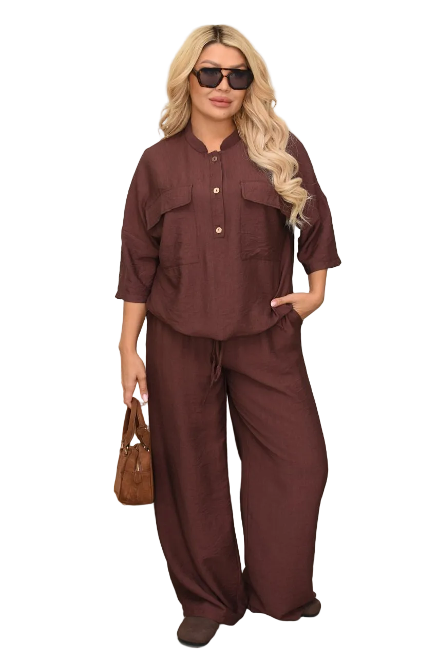 Women Linen Two Piece Set Brown Relaxed Fit Button Front Top High Waist Trousers