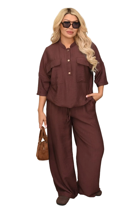 Women Linen Two Piece Set Brown Relaxed Fit Button Front Top High Waist Trousers