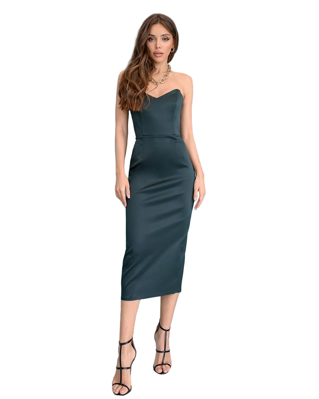 Womens Strapless Fitted Midi Evening Dress