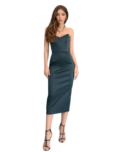 Womens Strapless Fitted Midi Evening Dress