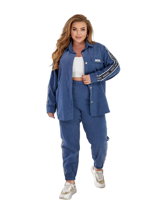 Blue Two Piece Womens Casual Suit Shirt Jacket And Jogger Set With Stripe Tape