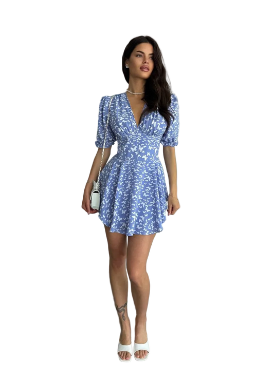 Blue Butterfly Corset Jumpsuit Dress V Neck Short Sleeve Back Zipper Romper