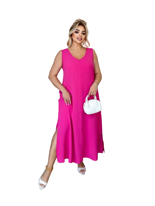 Fuchsia V Neck Midi Dress Krep Zhatka Sleeveless Straight Cut
