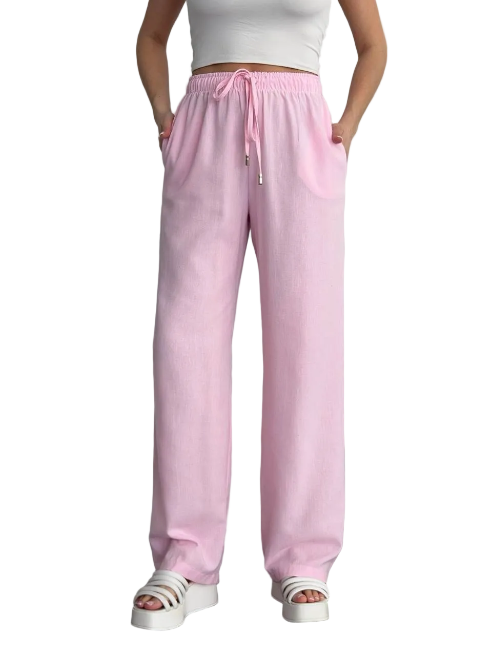 Pink Linen Wide Leg Trousers Women Drawstring Pockets